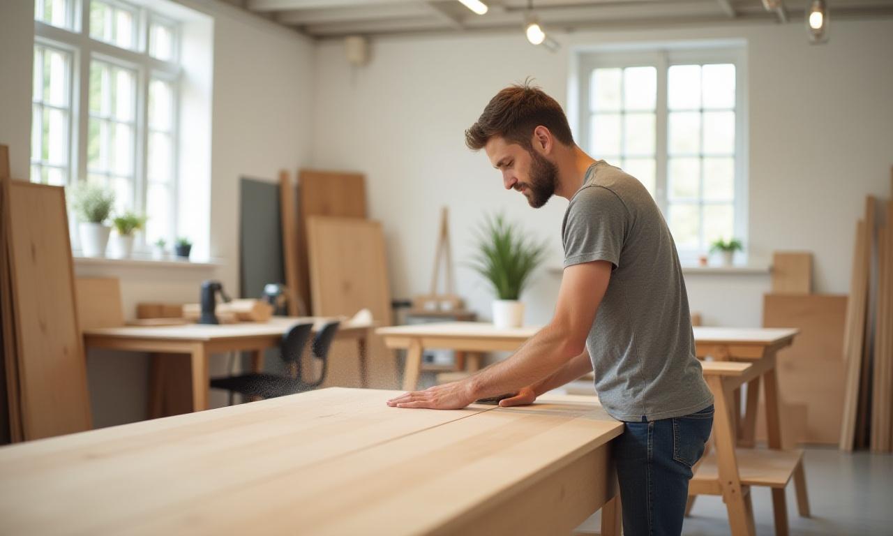 Håndværker i gang med at snedkerere et møbel i et lyst værksted