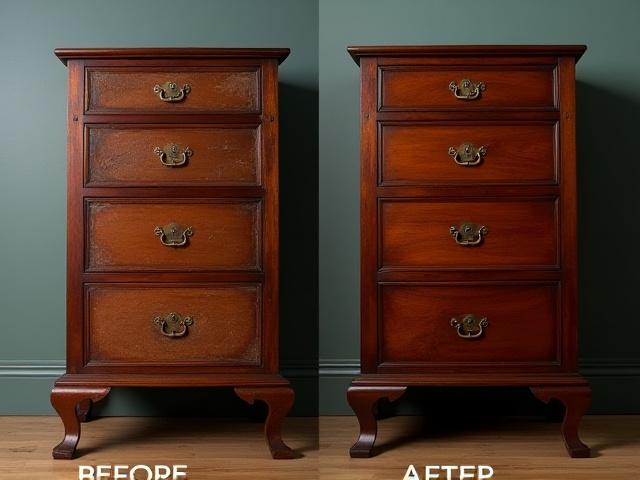 Før og efter billede af restaureret antik kommode