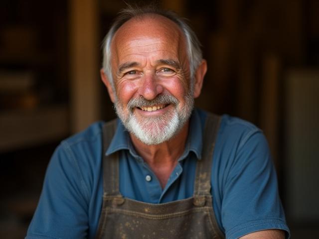 Portræt af Lars Christensen, en møbelsnedker, der smiler venligt.