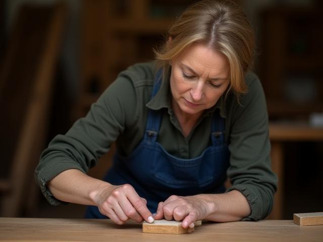 Portræt af Mette Jensen, en kvindelig møbelrestaurator, der arbejder koncentreret i et værksted.