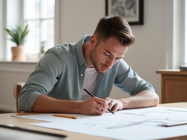Portræt af Oliver Hansen, en ung møbeldesigner, der skitserer ideer ved et designbord.