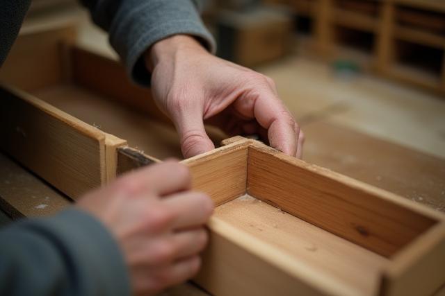 Nærstudie af en snedker, der samler en træskuffe med fine detaljer.
