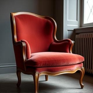 Efter-billede af en professionelt restaureret lænestol med nyt fløjlsbetræk og poleret træ.